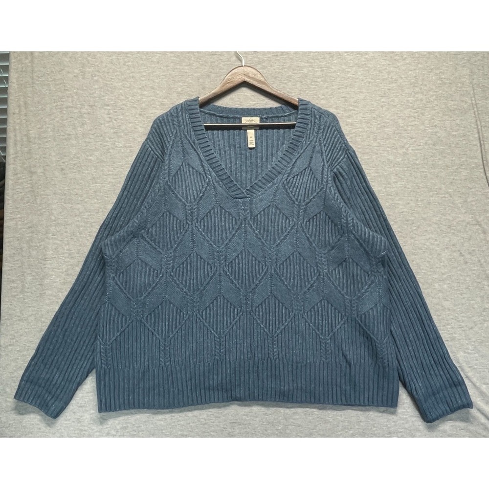 St. John's Bay Sweater Womens 2X Blue Acrylic Diamond knit Ribbed V-Neck Winter